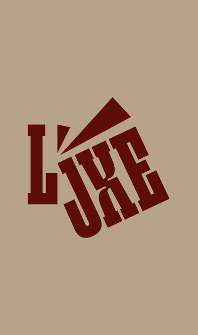 The LumberJaxe logo represented as "L'JXE' printed onto a maroon background