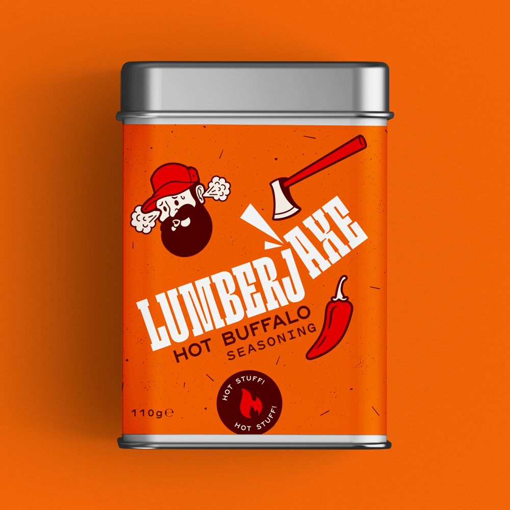 A tin container of 'Lumberjaxe Hot Buffalo Seasoning' displayed against a bold orange background. The tin has a speckled orange label featuring bold white typography with an axe graphic cutting through the text. The design includes a red circular badge that reads 'Hot Stuff! Hot Stuff!,' a bearded lumberjack character in a red hat with steam coming from his head, and an illustration of a chili pepper. The seasoning weight is listed as 110g.