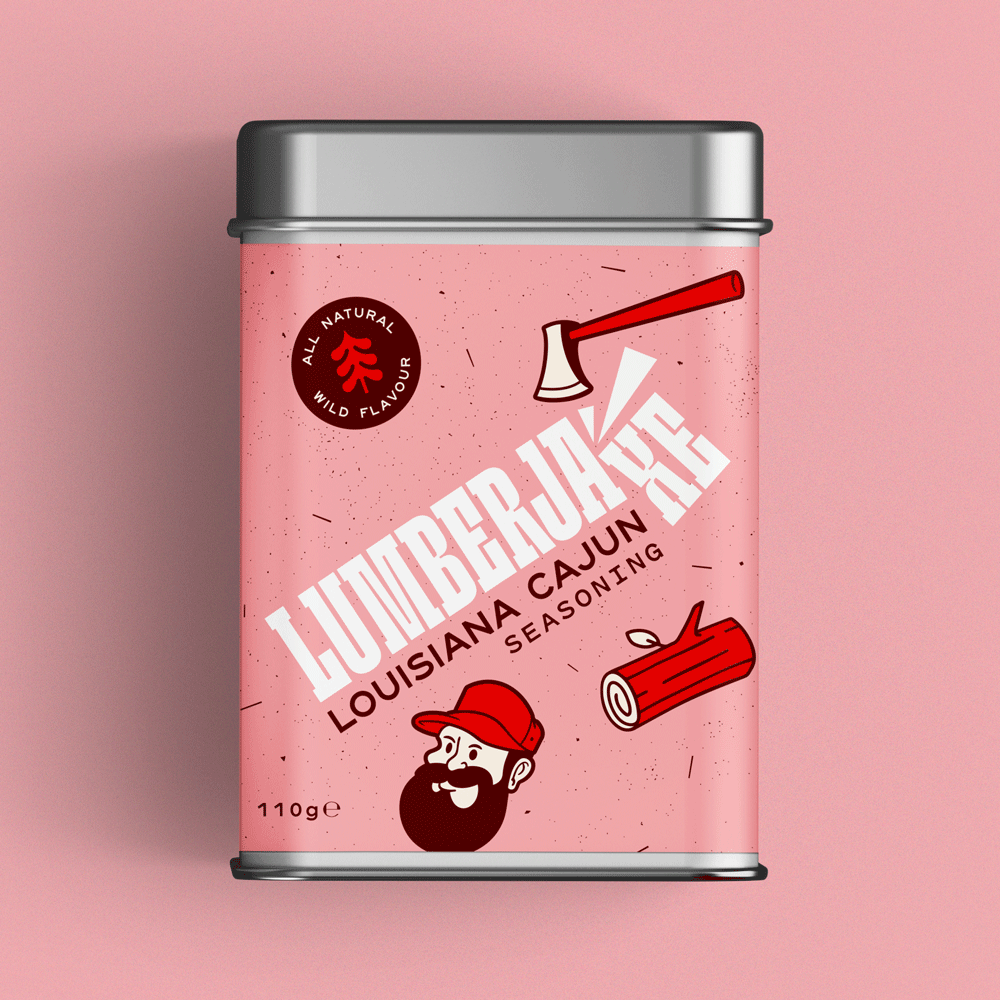 A tin container of 'Lumberjaxe Louisiana Cajun Seasoning' displayed against a solid pink background. The tin has a pink speckled label featuring the brand's bold white typography with an axe graphic cutting through the text. It also includes a red circular badge reading 'All Natural Wild Flavour,' a bearded lumberjack character in a red hat, and an illustration of a chopped log. The seasoning weight is listed as 110g.